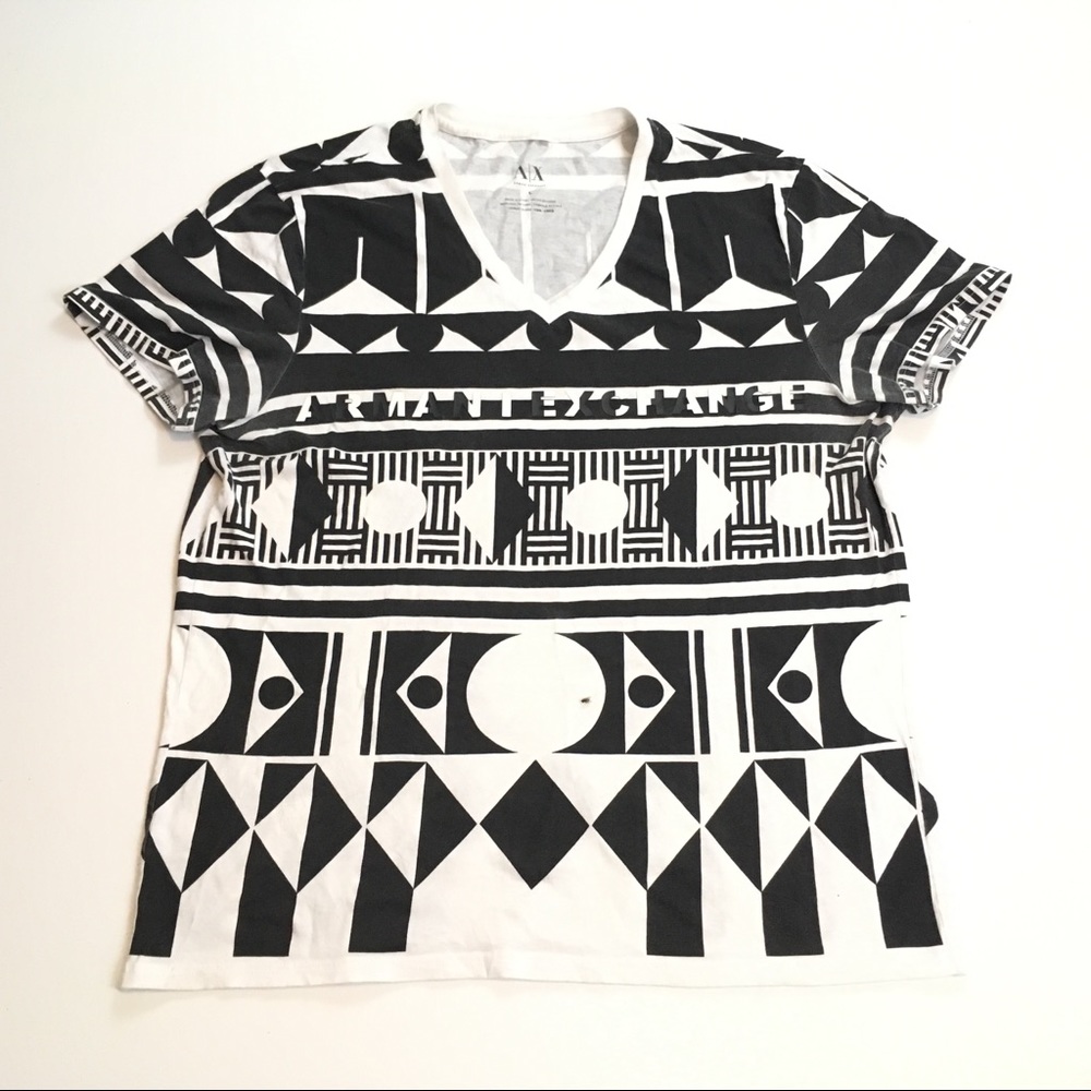 Armani Exchange Large V Neck Black and White Shirt
